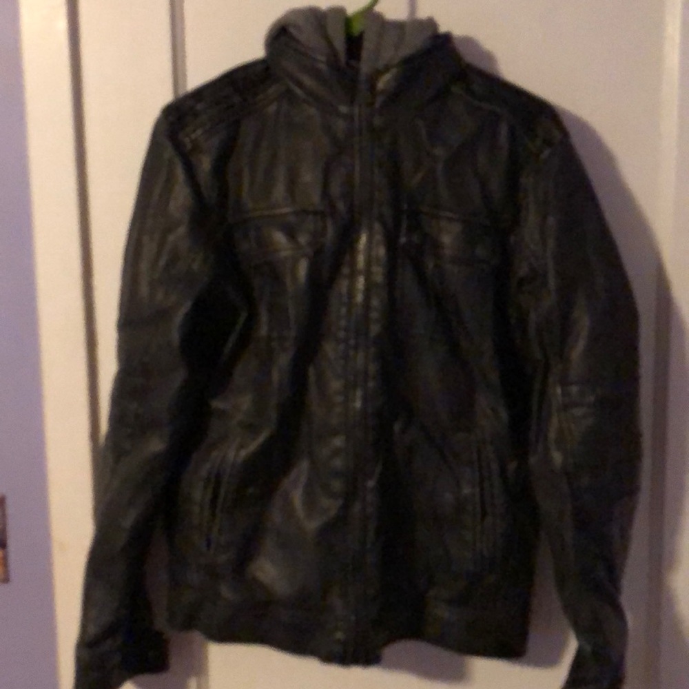 Junior boys leather like hooded/lined jacket